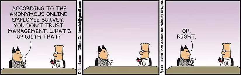 Dilbert : selon le sondage anonyme, vous ne faites pas confiance à la direction. Oh. Exactement.